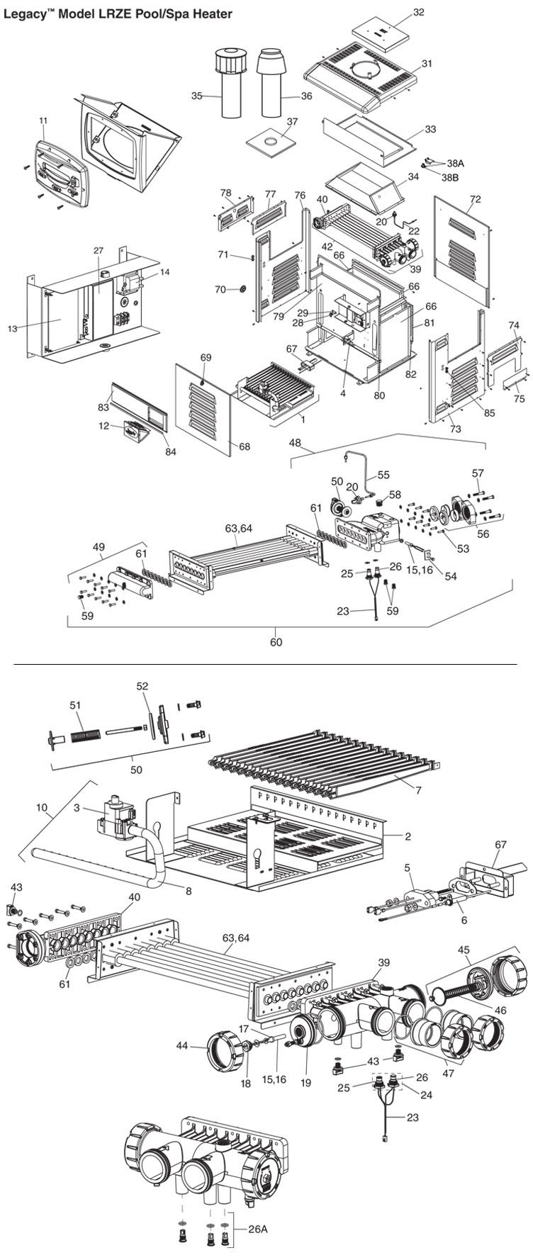 Jandy Legacy LRZ Pool Heater | 175,000 BTU Propane | Electronic Ignition | Digital Controls | Polymer Heads | LRZ175EP Parts Schematic